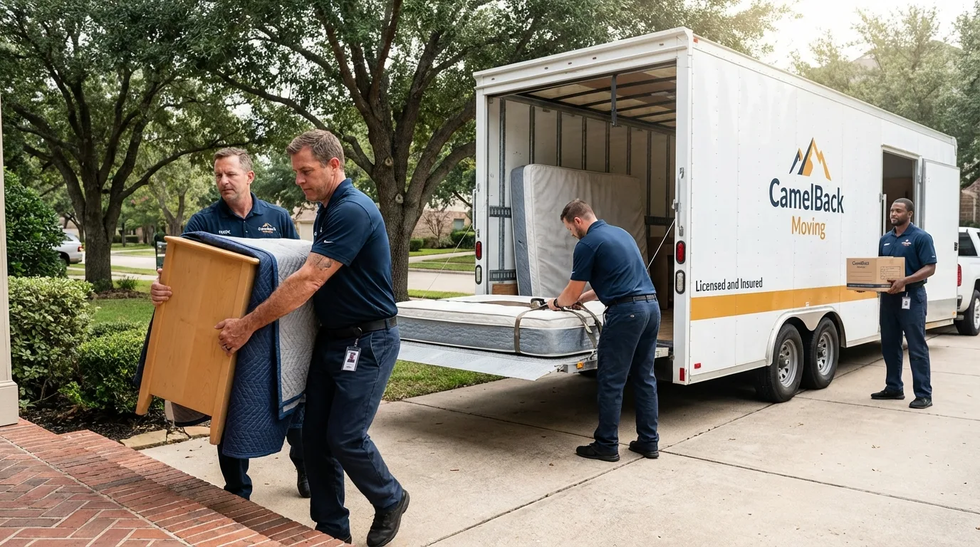 Crew loading residential truck for cross-state move from Tempe, AZ