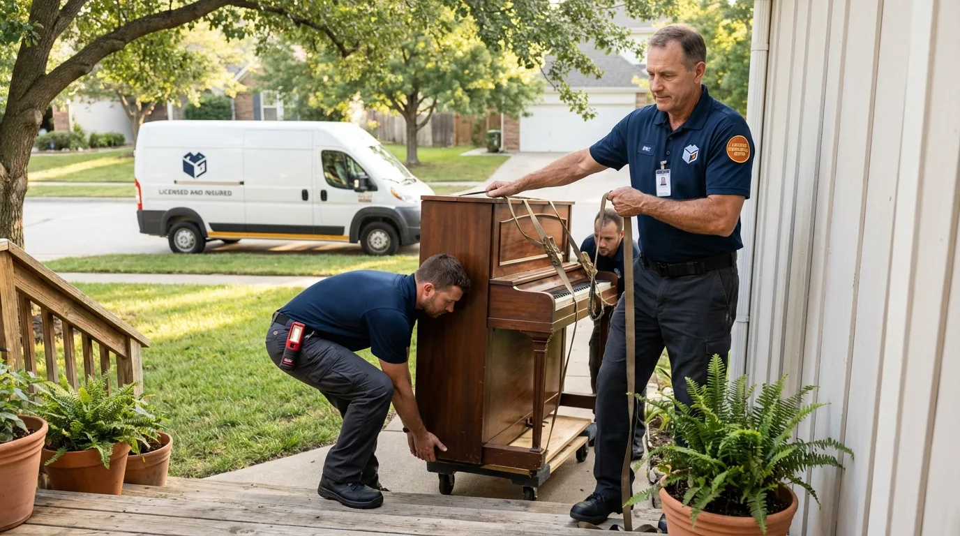Licensed piano movers securing grand piano in Tempe, AZ