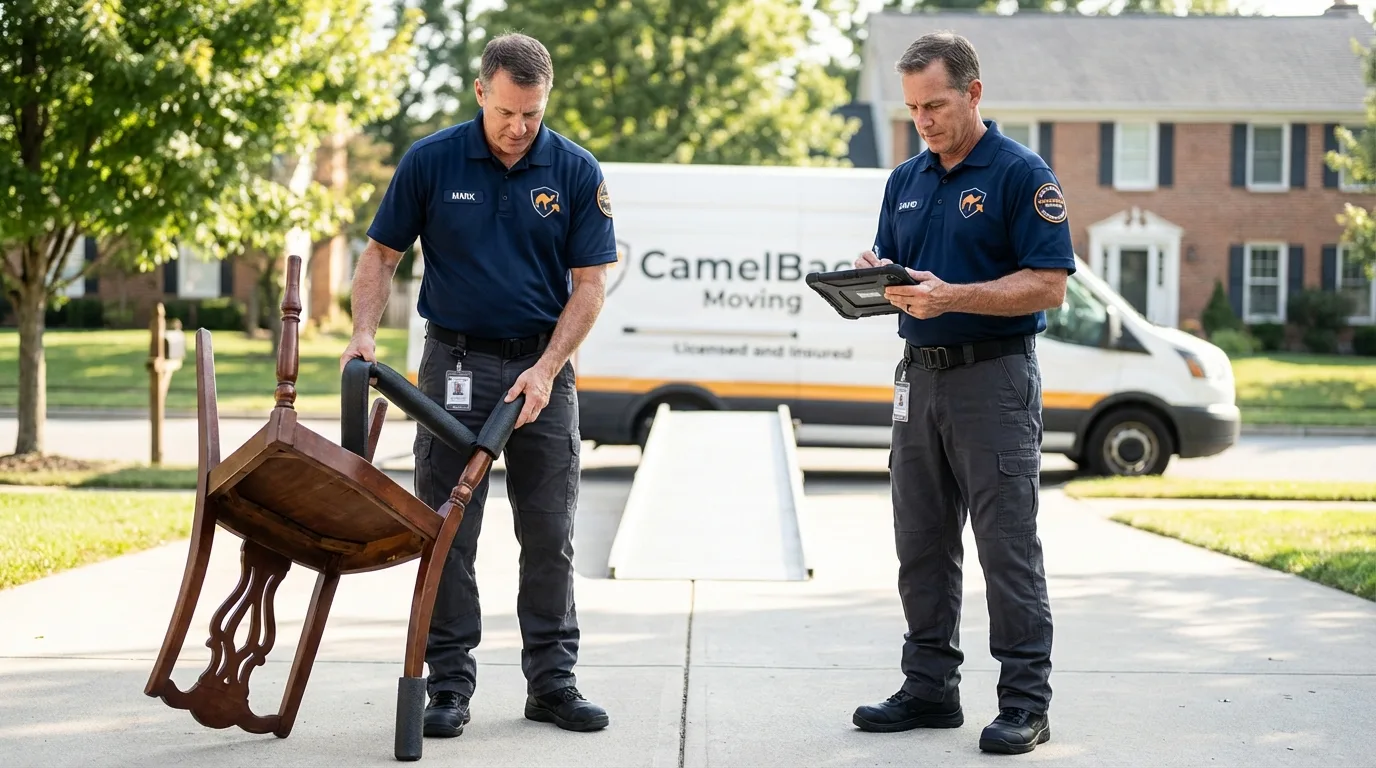 Movers inspecting furniture for damage prevention before loading in Tempe, AZ